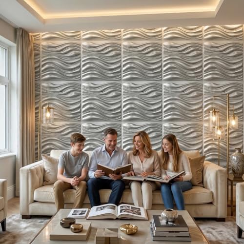 Image of Kayra Decor Luxury 3D PVC Wall Panels - Wave Pattern, Silver Finish | 19.7 inch x 19.7 inch | Pack of 12 | Covers 32.28 Sq. Ft. | Stylish Wall Cladding for Home & Office Interiors