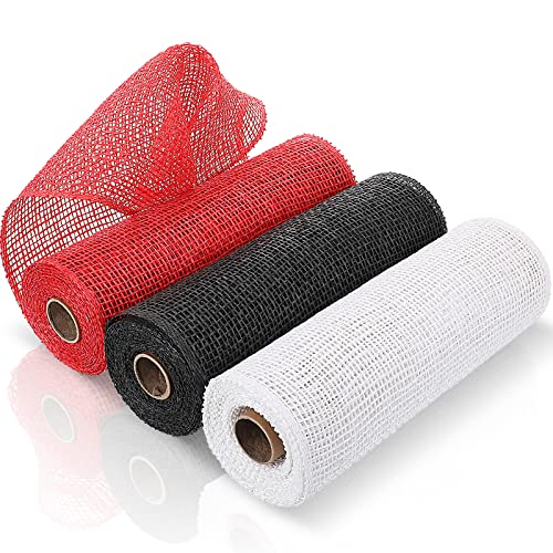 Chuangdi 3 Rolls Poly Burlap Deco Mesh 10 in,Black, White, Red