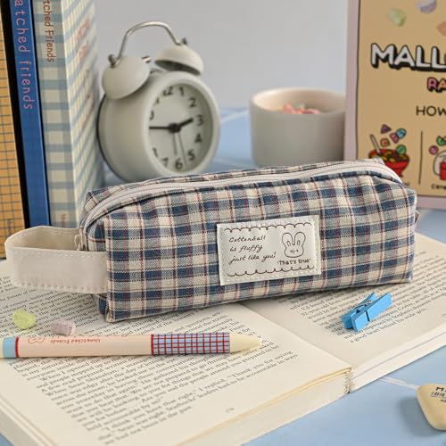 Image of Monolike Unmatched Friends Fabric Check Block Pencil Case, Vintage blue - Aesthetic Gingham Pastel Desk Organizer, Soft Padded Makeup Brush Case, Trendy Minimalist Stationery Pouch
