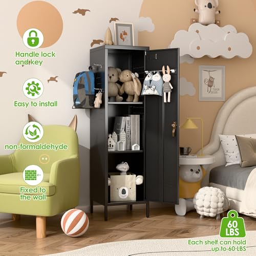 Image of SUPEER Metal Locker Cabinet with Lock, Pegboards, Hooks and Hanging Rod | 15 inchW x 15 inchD x 54.45 inchH steel locker with 2 pegboards, 5 hooks, an interior hanging rod and required assembly.