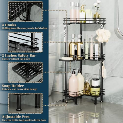 Image of Consumest Corner Shower Caddy Standing - 3-Tier Stainless Steel Shower Organizer with Soap Holder and 4 Hooks, Large Capacity Corner Shelf Stand for Bathroom, Rest Room, Black