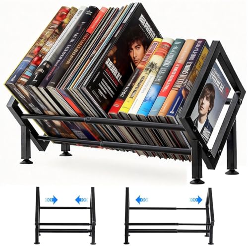 Rosqmor Soporte Vinilos Metal, Porta Discos Vinilo Extensible Para 80-100 Lps, Organizador Vinyl Records Mesa, Estante Vinilos Para Cd, Álbumes, Revistas, Libros Negro