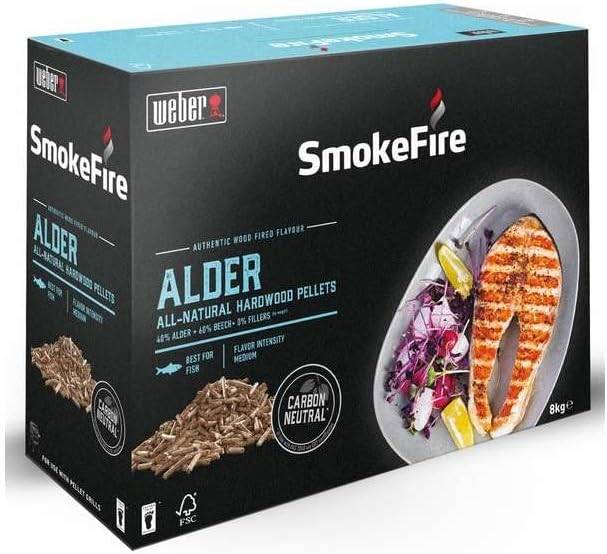 Weber SmokeFire Hardwood Pellets | Alder Cooking Pellets, Best for Fish | 8 kg Box | BBQ & Wood Pellets Smoker Fuel | 100% Natural, Sustainable Wood for Barbeques & Wood Fired Grills (18290)