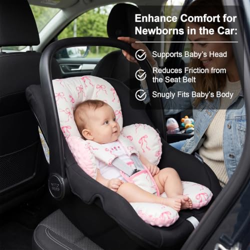 Image of Infant Car Seat Insert for Newborn Girls, Extra Thick & Soft Minky Preemie Car Seat Head Body Support Cushion with Strap Pads, Perfect for Stroller, Baby Swing, Bouncer, 2-in-1 Reversible, Pink Bow