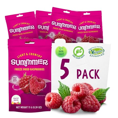 Summmer Freeze Dried Raspberries - 5 Pack - Delicious 100% Natural Fruit Snacks Crunchy & Healthy No Added Sugar Raspberry Perfect On-the-Go Snack or for Baking Smoothies Yogurt Oatmeal (55g)