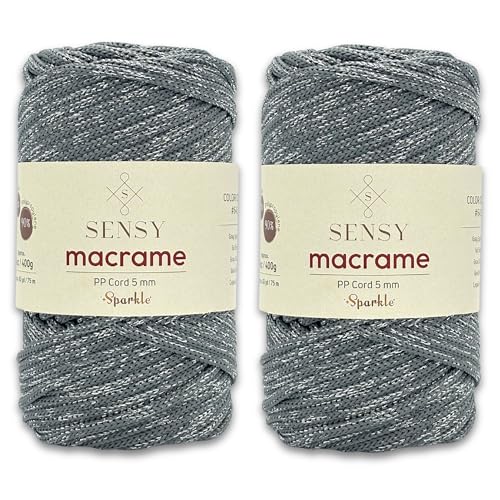 S Sensy 5mm Sparkle-Premium Polypropylene Macrame Cord 2 Pack Gray Sparkle