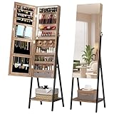 LVSOMT 3 LEDs Mirror Jewelry Cabinet, 60.4' Jewelry Mirror Full Length, Standing Lockable Jewelry Armoire Organizer, Floor Mirror with Storage for Jewelry Cosmetics, Brown