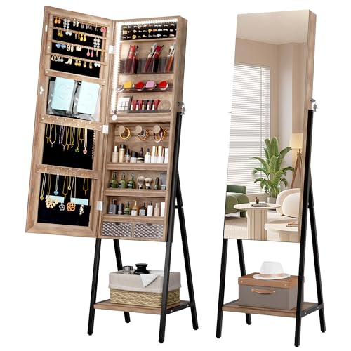 LVSOMT 3 LEDs Mirror Jewelry Cabinet, 60.4" Jewelry Mirror Full Length, Standing Lockable Jewelry Armoire Organizer, Floor Mirror with Storage for Jewelry Cosmetics, Brown