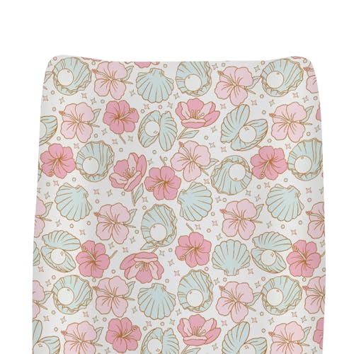 Boho Summer Mermaids Floral Changing Pad Covers for Baby Girls Boys Beach Seashells Conch Tropical Flowers Fitted Change Table Pad Covers Mats Ocean Marine Soft Diaper Changing Pad Sheets 32''×16''