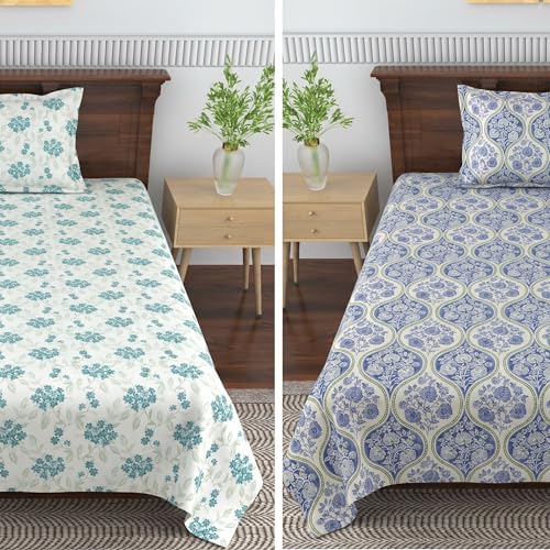 Image of Mafatlal Grace Cotton Single Bedsheet Combo Pack of 2 with Pillow Covers | 180 TC Premium Soft Cotton | Contemporary Printed Single Bedsheets | Royal Blue & Powder Blue