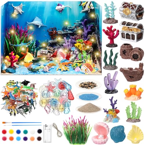 Leinuosen 62 Pcs Diorama Kit Diorama Supplies Include Animals Figures Model Tree Shells Light Watercolor Painting Set with Gift Box for Adult Birthday Party Favor Crafts (Ocean Style)