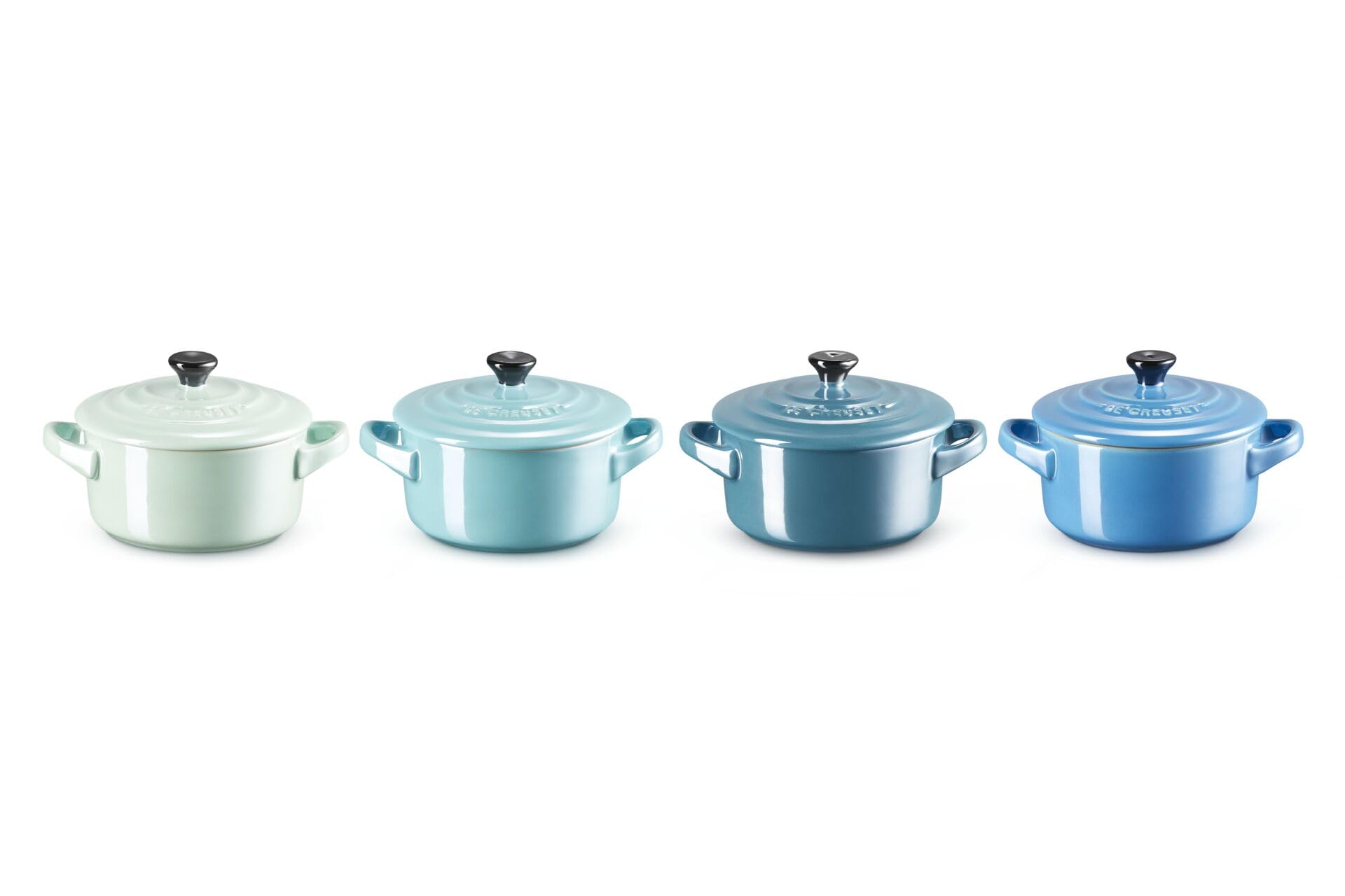 Le Creuset 4er-Set Mini Cocottes aus Steinzeug, je 200 ml, 10 x 5 cm, Metallics Blau-Grün (Cool Mint/Karibik/Deep Teal/Marseille), 69212108139131