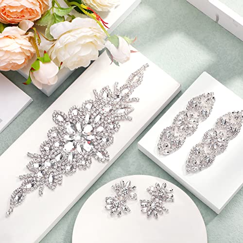 5 Pcs Crystal Rhinestone Applique Silver Wedding Applique Iron On Rhinestone Sash Applique Rhinestone Hair Applique For Bridal Wedding Dress Clothes Shoes(Exquisite Style) #TOP6