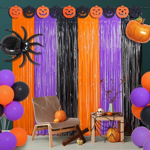 2 Pack Halloween Foil Fringe Curtains - Orange Purple Black Metallic Tinsel Foil Fringe Curtains Photo Streamers Backdrop for Wall Decor Party Photo Booth Props