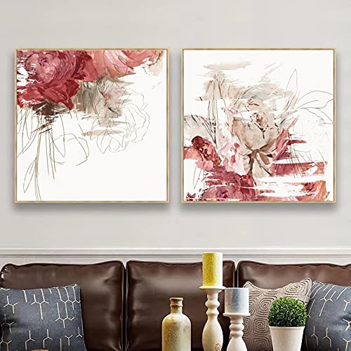 Tableau bleu et rouge fleurs d'aquarelle modernes 80x80cm de salon et chambre lot de 2