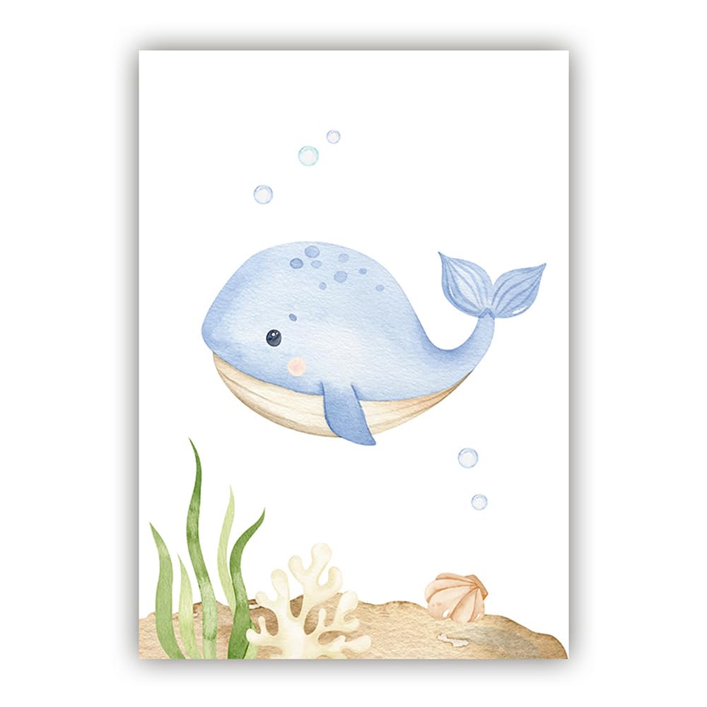 BeiYiHo 6 Affiche Animaux Marins Enfant Poster Chambre Bebe Hippocampes Baleines Tortue Tableau Deco Chambre Garçon 21X30CM Toile Decoration Murale Chambre Enfant Cadeau sans Cadre