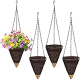 MorningRo 4 Pcs Hanging Plant Flower Basket for Outdoor Spring Decoration, 7.87 Inches Black Iron Chain Wicker Woven Conical Artificial Flower Hanging Basket, Plants Not Included (Coffee)
