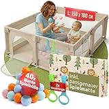 Mallie® Laufstall Baby 150x180cm Beige inkl. Matte & 40 Bälle – Laufgitter mit Leinen Gewebe, Playpen, Kinder-Zaun, ställe & Play Pen, in 15-Min Aufgebaut mit Video-Anleitung