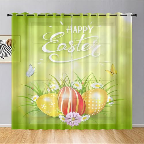 Hiseng Cortinas Salon Modernas, Bonitas Cortinas Dormitorio Juvenil con Ojales, Translucidas Visillos para Ventanas Habitacion, Visillos Salón 2 Piezas (Mariposa de Pascua,107x244cm)
