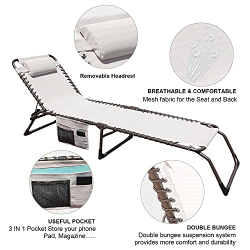 Goldsun Foldable Patio Chaise Lounge Chair For Outdoor With Detachable Pocket And Pillow, Portable Adjustable Sun Lounger Recliner For Beach, Camping And Pool-Beige（1Pack #TOP3