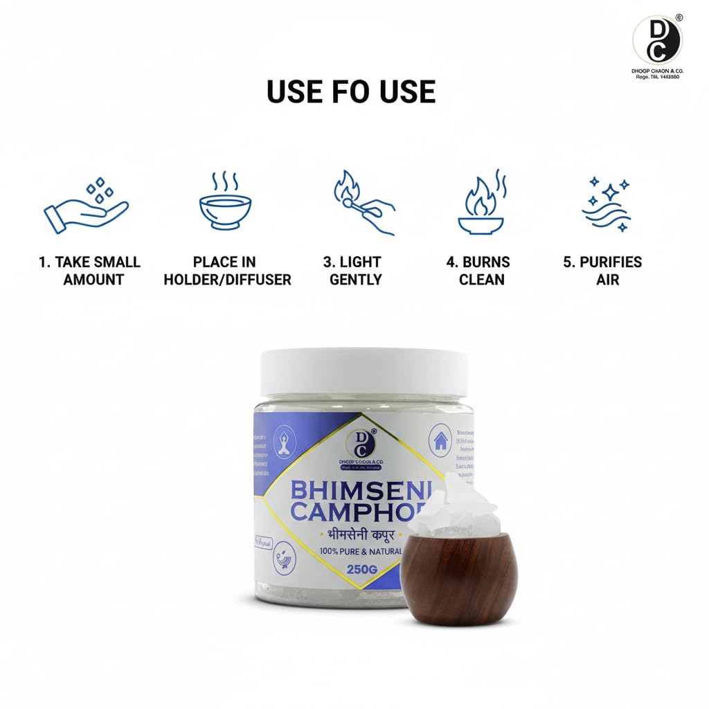 Dhoop Chaon & Co. 100% Natural Bhimseni Camphor 250gm | for Puja, Aromatherapy, Air Freshener, Natural Mosquito Repellent | 100% Organic & Pure 4