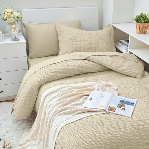Image of HYMOKEGE Oatmeal Twin Comforter Set Seersucker 5 Pieces, All Season Luxury Bed in a Bag for Bedroom, Bedding Set with Comforter, Sheets, Pillowcase & Sham