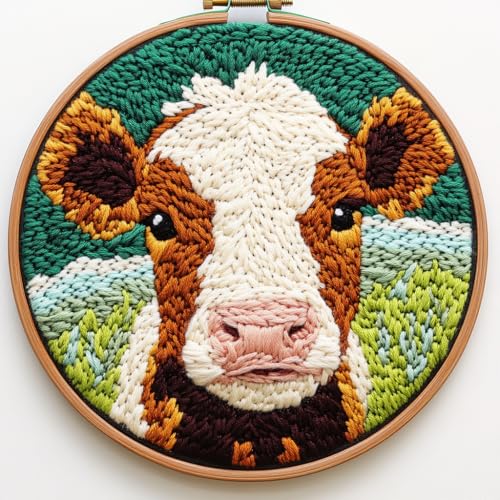 Image of DIY Punch Needle Kits Jersey Cow with Hoop 20x20cm-4 | with Pattern Stamped Easy for Beginners Embroidery Punch Needle Starter Craft Set for Adults Festival Gift and Decoration