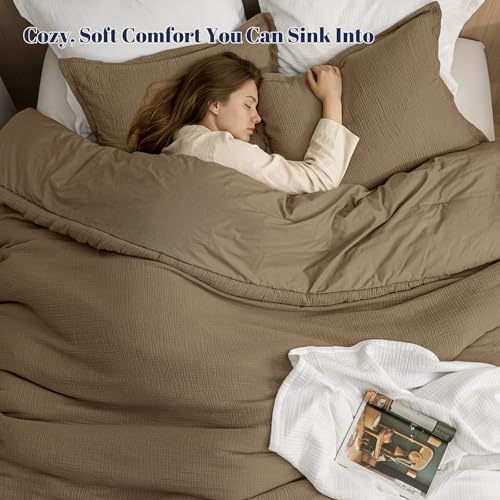 Image of PHF Cotton Muslin Comforter Set King - 100% Cotton Cover, Ultra Soft & Breathable, 3PCS Lightweight All-Season Bedding with Polyester Fill, 1 Comforter 104 inchx90 inch & 2 Pillow Shams 20 inchx36 inch, Mocha