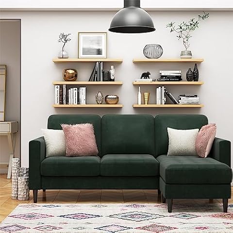 CosmoLiving by Cosmopolitan Strummer Modern Reversible Sectional Couch Upholstered in Green Velvet Fabric with Floating Ottoman Cover