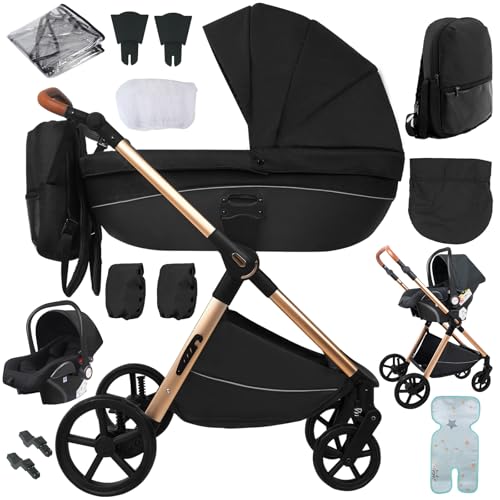 Nine point nine Carrito Bebe 3 en 1, Carricoche Bebe 3 Piezas con Capazo Grande Cómodo, Carro Bebe 3 Piezas Empuje Bidireccional Reversible, Cochecito Bebe Marco de Aleación Aluminio (H2 Black)