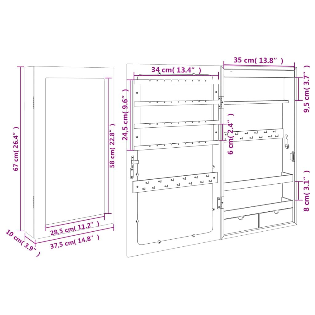 Lustro szafka na biżuterię z oświetleniem LED, montaż na ścianie, biały, 37,5 x 10 x 67 cm, materiał drewnopochodny, zamykana, do łazienki, sypialni, korytarza