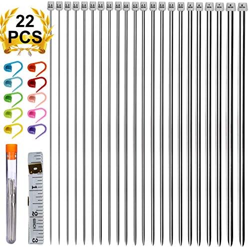 Knitting Needles Set, ARPDJK 11 Pairs 2mm - 8mm Stainless Steel Circular Pointed Long Knitting Needles Kit with Stitch Markers, Large Eye Blunt Needles, Measure Tape Accessories for Beginners