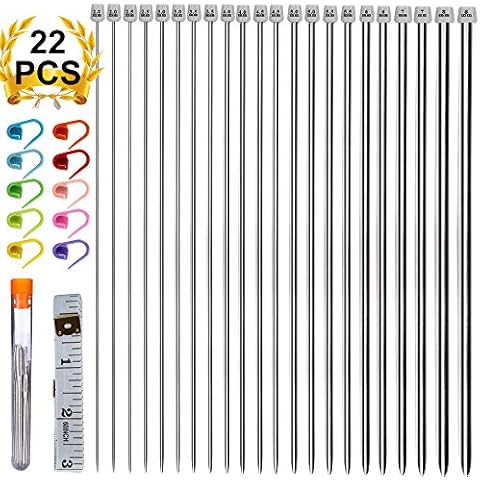 Knitting Needles Set, ARPDJK 11 Pairs 2mm - 8mm Stainless Steel Circular Pointed Long Knitting Needles Kit with Stitch Markers, Large Eye Blunt Needles, Measure Tape Accessories for Beginners Cover