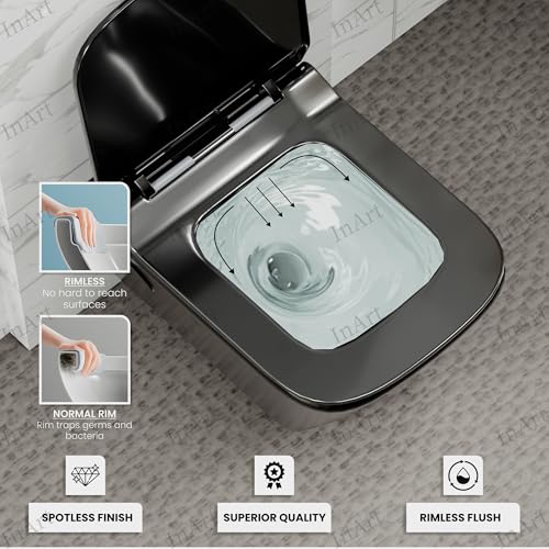 Image of InArt Ceramic Wall Hung Rimless Western Toilet Commode with Soft Close Seat for Bathroom - P Trap Outlet from Wall (Black Glossy)