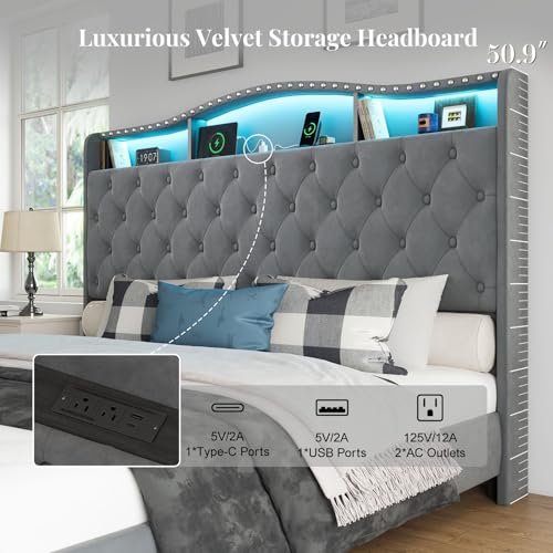 Image of Belffin King Size Bed Frame and Headboard, 50.9 inch Velvet Upholstered Wingback Bedframe with LED Lights & Storage /Charging Station, Button Tufted Tall Footboard, No Box Spring Needed, Noise-Free, Grey
