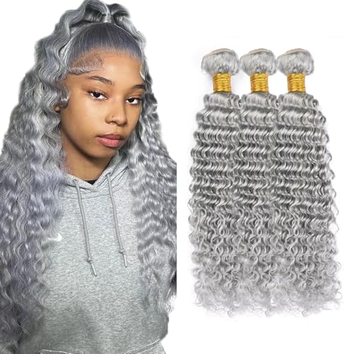 28 30 32 inch WuvuSnm Silver Bundles Human Hair Grey Bundle Gray Deep Wave Bundles Silver Wet and Wavy Bundle for Women
