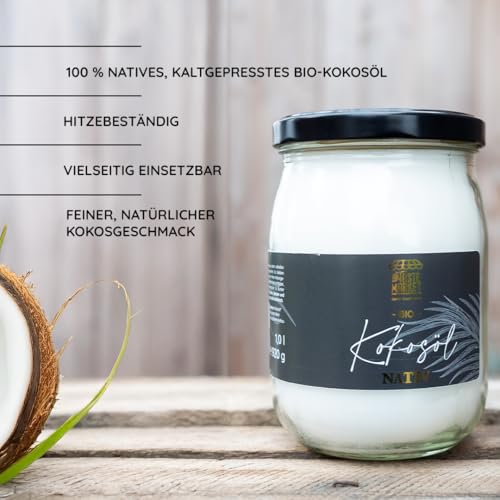 Bio Kokosöl | 1000ml | 100% natives Bio-Kokosnussöl | Ideal zum Braten, Backen, Frittieren sowie zur Haut- und Haarpflege | vegan | Taste Market