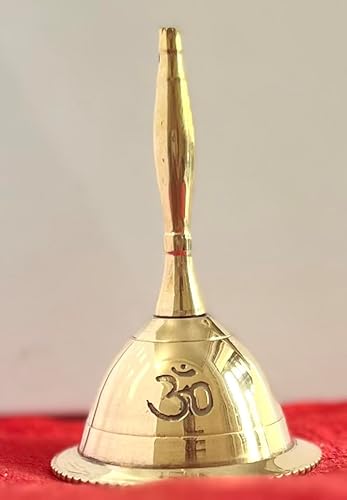 Miniatura 3 de Indian Consigners Campana de mano de latón con sonido fuerte, campanas de 3 pulgadas para uso en altar (Oro Om)
