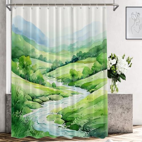 Shrahala Green L Flowing River Polyester Shower Curtain, Beautiful L Scape with River Bath Curtain Waterproof with Plastic Rings for Shower Stall Bathtubs 72 X 72 in