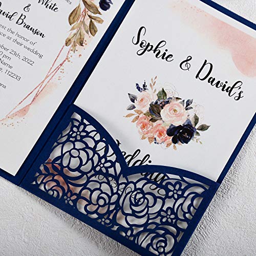 DreamBuilt 4.7 x7 inch 50PCS Personalized Navy Blue Wedding Invitations Kit Laser Cut Hollow Rose Pocket Wedding Invitation Cards with Envelopes for Wedding Bridal Shower Engagement Invite - Thumbnail 6