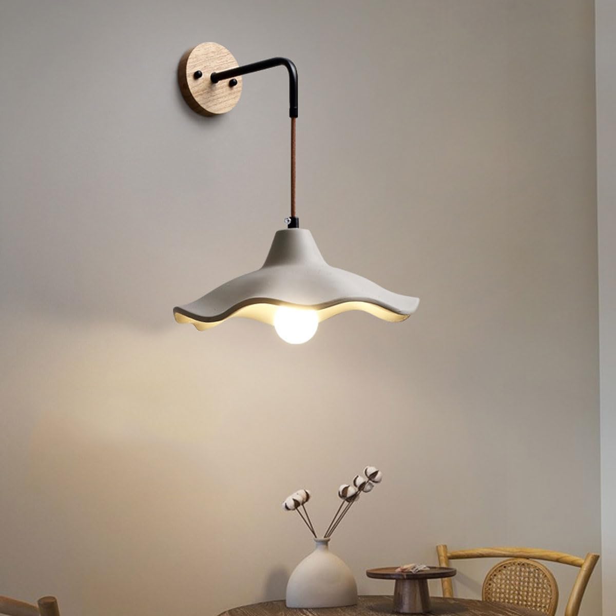 Lotus Flower Wall Sconce Indoor Wood Concrete Modern Wall Light Gray Cement Farmhouse Rustic Vintage Industrial Wall Mounted Lamp for Bedroom Bedside Living Room Bathroom Porch