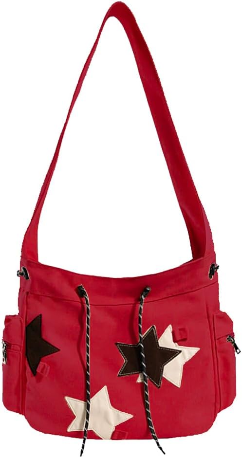 KlaOYer Cute Messenger Bag Canvas Shoulder Bag Star Crossbody Purse Y2K Tote Bag Kawaii Aesthetic Hobo Handbag for Women