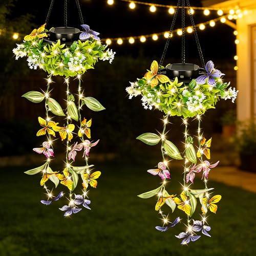 Lot de 2 lampes solaires à suspendre pour jardin, lumières solaires colorées en forme de papillon pour jardin, lampes suspendues avec papillons et fleurs,...