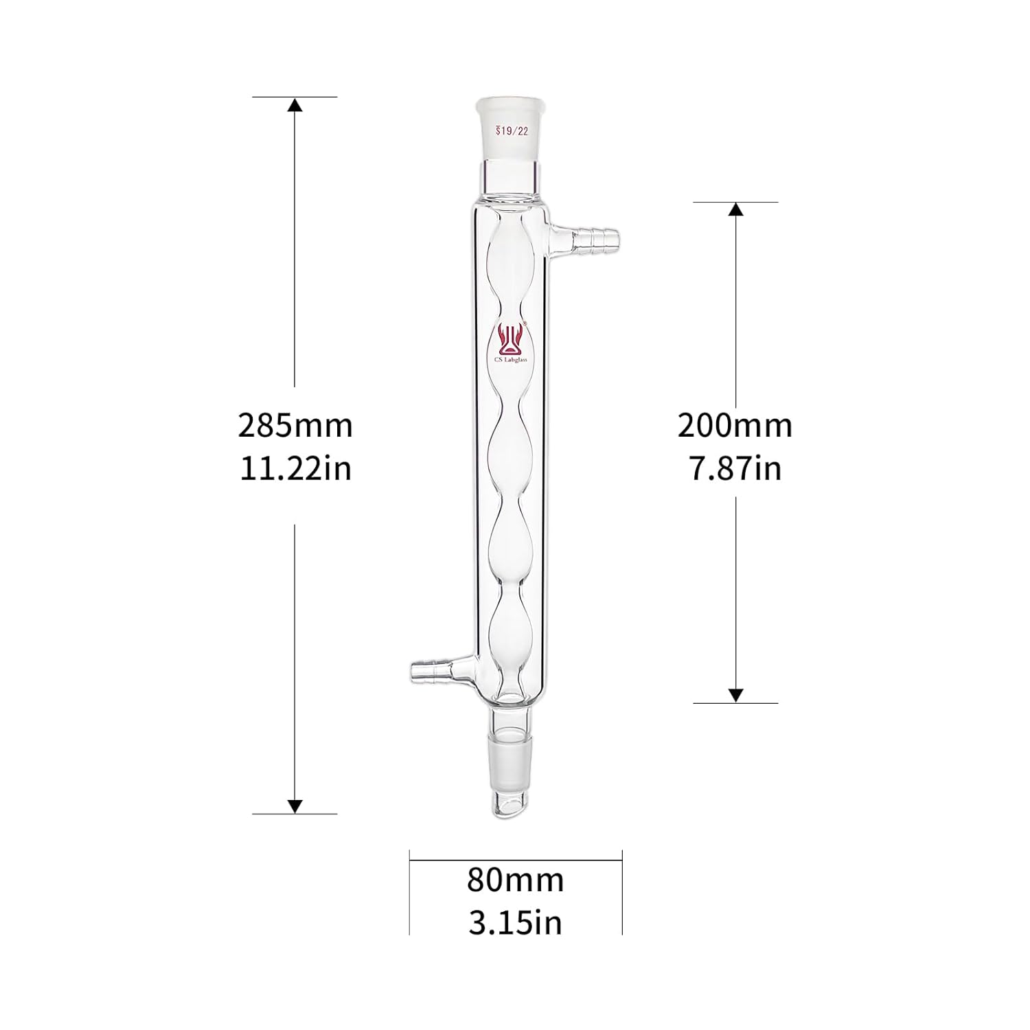 Glass Allihn Condenser with 19/22 Joints and 200mm Jacket Length, 8mm Glass Hose Connections, Borosilicate Glass Allihn Condenser for Reflux & Apparatus