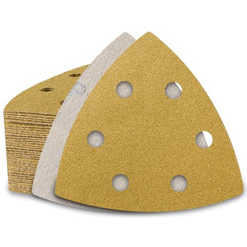 PMIQSA 60 PCS Triangle Sanding Pads 120 Grits Hook and Loop Sander Pads 93 x 93 x 93mm Durable Dust-Free 6-Holes Sander Sandpaper for Grinding and Polishing Wood Metal