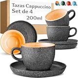 Cosumy Set de 4 Tazas de Capuchino - 200ml en Cerámica con Platillos – Juego de Café Moderno - Gres Grueso con Esmalte Reactivo Hecho a Mano - Mantiene el Calor por Más Tiempo (Amarillo)