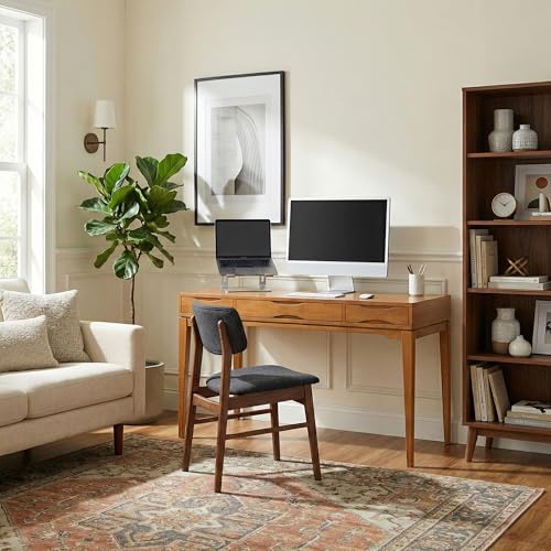 Image of SIMPLIHOME Harper Desk - 60 Inch Wide Solid Wood Writing Desk in Honey Brown, Mid-Century Modern Home Office Computer Table for Study with 2 Drawers and Flip-Down Keyboard Tray