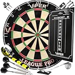 Viper by GLD Products League Pro Regulation Bristle Steel Tip Dartboard Starter Set with Staple-Free Bullseye, Galvanized Metal Radial Spider Wire; High-Grade Compressed Sisal Board with Rotating Number Ring for Extending Life, Includes Chalk Cricket Scoreboard and Steel Tip Darts, one color