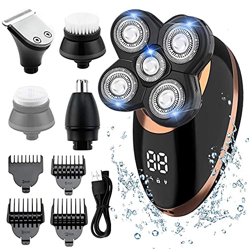 Rasoir Électrique Homme,RINBO Tondeuse Cheveux Rasoir Electrique sans Fil 5 en 1 Kit 100% étanche,5 Têtes de Rasoir/Tondeuse à Cheveux/Tondeuse à nez/brosse de nettoyage,Avec Affichage LCD (D'or) Cover