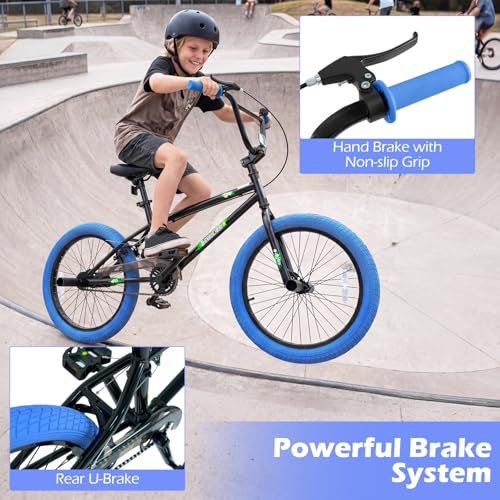 Image of Goplus Freestyle BMX Bike, 20 inch Trick Bicycle w / 360 Degree Steering, 4 Pegs, Adjustable Seat, U-Brake, Hi-Ten Steel Frame, Training Bike for Beginner Riders Teens Youth Boys Girls